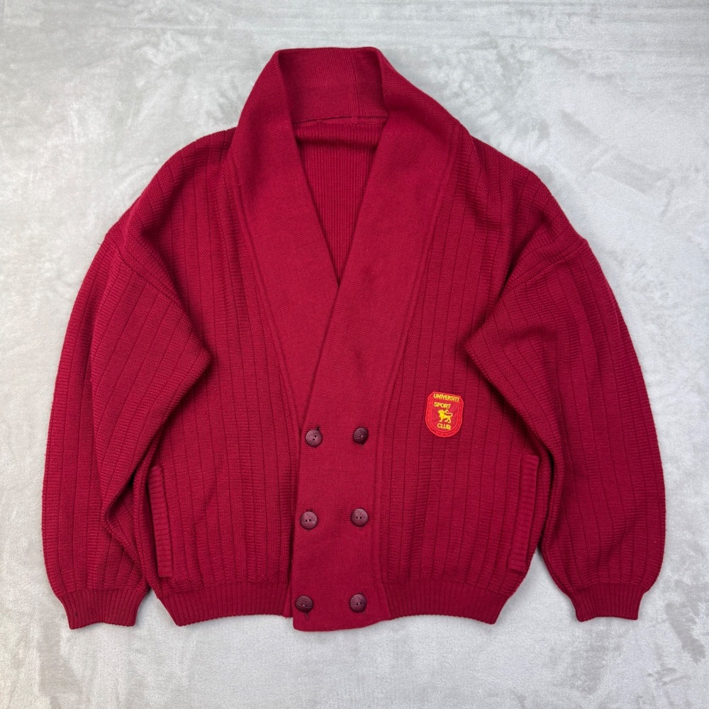 Vtg Mara Osijek Yugoslavia Cardigan Sweater 54 XL Wool Red University Sport Club